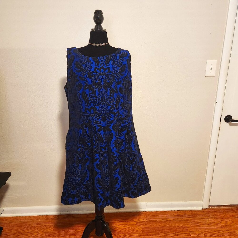 Chubby Style Blue Velvet Flocked Sleeveless Dress Plus Size 22W Pockets